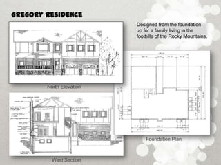 Gregory Residence
                                Designed from the foundation
                                up for a family living in the
                                foothills of the Rocky Mountains.




                          esi
        North Elevation




                                    Foundation Plan



          West Section
 
