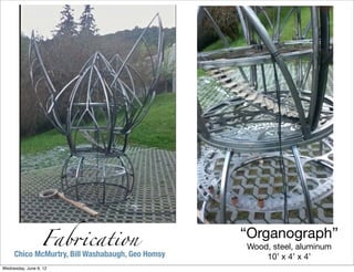 Fab&cation
                                                  “Organograph”
                                                  Wood, steel, aluminum
     Chico McMurtry, Bill Washabaugh, Geo Homsy       10’ x 4’ x 4’
Wednesday, June 6, 12
 