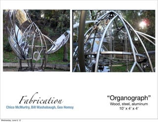 Fab&cation
                                                  “Organograph”
                                                  Wood, steel, aluminum
     Chico McMurtry, Bill Washabaugh, Geo Homsy       10’ x 4’ x 4’


Wednesday, June 6, 12
 