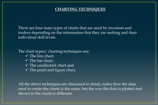 CHARTING TECHNIQUES
There are four main types of charts that are used by investors and
traders depending on the information that they are seeking and their
individual skill levels.
The chart types/ charting techniques are:
 The line chart,
 The bar chart,
 The candlestick chart and
 The point and figure chart.
All the above techniques are discussed in detail, notice how the data
used to create the charts is the same, but the way the data is plotted and
shown in the charts is different.
 