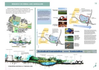 FISHERIES DEPARTMENT
LAND BETWEEN LAKE AND FISHERIES DEPT.
Sem VII Physical Planning BMSSA
Group Members:
Shruthi Nath Sukrutha S
Smrithi Prasad Sumodhini V
Sahana Bhat Siddharth Rabbi
N
Most lakes in Bangalore are being polluted and
encroached in blatant disregard of the recommendations of the
Lakshman Rao Committee and various orders of this Hon'ble Court
and the Supreme Court of India. BBMP and BDA have rehabilitated
some lakes (Eg. Yediyur lake in Jayanagar) purely from the
standpoint of civil engineer's vision as mere water storing aquifers.
As a consequence the ecological functionality of such rehabilitated
lakes has been disastrously interfered with, or worse, destroyed.
Thus requiring, wholly unnecessarily, high maintenance costs to
keep the lake waters from turning eutrophic. Besides such
engineering efforts have discarded various traditional and cultural
rights that helped protect and conserve lakes. The Hebbal lake was
one such lake in the city.
The 64.5 hectare lake at Hebbal was putreﬁed, covered
with water hyacinth and had no visible water sheet. Domestic
sewage discharge from all the nearby residential layouts was
heavy, leading to water hyacinth growth. Water recharged into the
ground was full of contaminants, including heavy metals.
Ecological Degradation Restoration
Sewage lines
Residential Layouts
Sewage from
residential layouts
ﬂushing right into the
lake
Lake
Islands
Accumulated Sludge
Almost all small and big tanks in the
Bangalore Urban District have become
sewage disposal tanks. Layers of
water hyacinth, ﬁlth and sewage
accumulate on the surface, forming
superﬁcial islands, reducing oxygen
levels in the water and making it toxic
for aquatic life.
AH 45
Residential Layouts
Residential Layouts
7 km long jogging
track
Towards
Nagavara Lake
Lake
Islands
AH 45
Residential Layout
Residential Layout
Residential Layout
Sewage lines
A diversion canal was built leading downstream. The
upstream sewage ﬂow from all the residential layouts
nearby now bypasses the lake and ﬂows into the canal and
then into Nagavara. Ideally, it should have gone into a
sewage treatment plant, but this was done as a temporary
arrangement.
During 1990 – 2010 there was energetic effort on the part of the
Karnataka Forest Department to recover encroached lake lands
and to restore many lakes in and around Bangalore. The early part
of last decade also witnessed the Dept. of Ecology and
Environment taking initiative through the Indo Norwegian
Environment Programme (INEP) to intelligently rehabilitate
Hebbal, Agara and Nagawara lakes. INEP supported the
rejuvenation of three lakes in the City: Hebbal, Madiwala and
Dodda Bommasandra near Vidyaranyapura.
Restoration started with the identiﬁcation of the source and entry
points of sewage discharged into the lake showed that domestic
sewage discharge was heavy, leading to water hyacinth growth.
Water recharged into the ground was full of contaminants,
including heavy metals. The lake was isolated from the sewage
and the storm water ﬂow was regulated. The lake bed was
desilted and the removed accumulated sludge and sediments
were used to create a jogging track of 7 km with this silt. This was
topped with good soil and planted with ornamental plants, grass
etc. Desilting also helped to recharge borewells in the vicinity.
A wetland system was created within Hebbal lake, where
plastics, bottles and large objects can be removed through
ﬁltration. Biological puriﬁcation was achived using hydrophytic
plants which absorb dissolved pollutants and toxins. The
wetland also acts as a silt trap. There are vents from which
water can ﬂow from a certain height to the main lake. This
ensures that relatively clean water is made cleaner.
Widespread growth
of water hyacinth
Desilting the lake
bed
Interception and
diversion of sewage
entering lakes.
7 km long jogging
path along the lake.
The two artiﬁcial
islands created in
1988 now act as
breeding and nesting
grounds for various
aquatic birds who
add to the scenery
here.
Hebbal lake is a
nesting place for
darters, kingﬁshers,
pond herons and
many more birds.
THE WALKWAY CREATED
IN ELEVATION WATER BODY IN SECTION A SMALLER ISLAND
LAKE WATER WALKWAY
SEWAGE PIPE
ROAD
18RESEARCH ON HEBBAL LAKE, BANGALORE
Hebbal lake in Bangalore was researched and
surveyed for Urban Planning group assignment. The task
involved studying the ecological degradation and
rejuvenation, catchment pattern, ﬂora and fauna,
treatment of lake edge and lake sections.
A
A’
B
B’
CONCEPTUAL SECTION A-A’ THROUGH LAKE
SHORTER WATER STRETCH
DRAIN WATER
HEBBAL LAKE PARK
WATER IN SECTION
BUILDINGS IN ELEVATION (BACKDROP)
ISLAND
LAKE WATER
WALKWAY
DRAIN WATER
MILITARY
LAND
LONGER WATER STRETCH
SECTION B-B’
AN ISLAND (APPROX.
AREA 1ACRE)
LAKE WATER (REGION BEING
DUG UP TO INSTALL DRAINAGE
PIPE LINES TO REDIRECT THE
SEWAGE
 