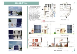 1200 SQ.FT VILLA 4
EAST ELEVATION SOUTH ELEVATION
A A’
B’
B
B’
B
GROUND FLOOR PLAN
FIRST FLOOR PLAN
0 1 2 5 10
SECTION A-A’ SECTION B-B’
The housing project in Sem IV
involved designing a 1200 sq.ft
villa, among other types of
residential units such as
apartments and row houses.
The site was assumed to be in a
hot and humid region. The
climate has been addressed by
providing a double height for
living and dining areas for
ventilation through stack effect
and vertical louvres along the
main staircase. Car parking
area is partially covered to
protect the car from rusting due
to high humidity.```
 