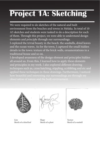 Project 1A: Sketching
We were required to do sketches of the natural and built
environment from the beaches and towns in Melaka. In total of 10
A5 sketches and students were tasked to do a description for each
of them. Through this project, we were able to understand design
elements and principle through our surroundings.
I explored the trivial beauty in the beach: the seashells, dried leaves
and the ocean waves. As for the town, I captured the small hidden
details in the town: texture of the brick walls, ornamentations in a
traditional house and so on.
I developed awareness of the design element and principles hidden
all around us. From this, I learned how to apply these elements
and principles in my work. I also explored different drawing
techniques such as, cross hatching, stippling, scribbling and etc and
applied these techniques in these drawings. Furthermore, I noticed
how beautiful and interesting our surroundings are through my
observation of nature and the built environment.
Line
Sketch of a dried leaf
Shape
Sketch of a plant
Tecture
Sketch of a seashell
 