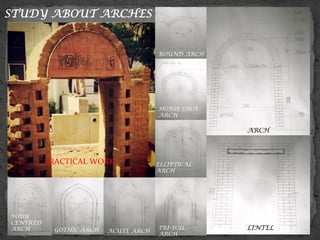 STUDY ABOUT ARCHES
ARCH
LINTEL
PRACTICAL	
  WORK	
  
ROUND ARCH
HORSE SHOE
ARCH
GOTHIC ARCH TRI-FOIL
ARCH
ELLIPTICAL
ARCH
ACUTE ARCH
FOUR
CENTRED
ARCH
 