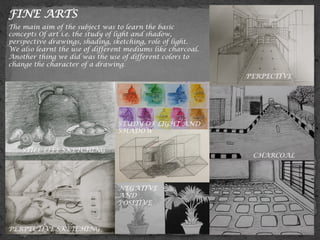 FINE ARTS
STILL LIFE SKETCHING
PERPECTIVE SKETCHING
NEGATIVE
AND
POSITIVE
STUDY OF LIGHT AND
SHADOW
PERPECTIVE	
  	
  
CHARCOAL
The main aim of the subject was to learn the basic
concepts Of art i.e. the study of light and shadow,
perspective drawings, shading, sketching, role of light.
We also learnt the use of different mediums like charcoal.
Another thing we did was the use of different colors to
change the character of a drawing.
 