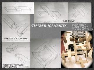 TIMBER JOINERIES BOOK SHELF
MADE OUT OF
TIMBER JOINERIES
MITERED MORTISE
AND TENON
MORTISE AND TENON
LAP JOINT
 