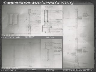 TIMBER DOOR AND WINDOW STUDY
TIMBER DOUBLE
PANEL WINDOW SECTION DETAIL
EXTERNAL WALL SECTION
TIMBER DOUBLE
PANEL DOOR SECTION DETAIL
 