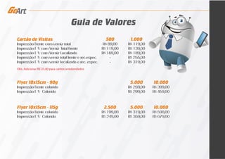 COZINHAS E DORMITÓRIOS
MODULADOS EM ATÉ
Guia de Valores
Cartão de Visitas
Impressão Frente com verniz total
Impressão F/V com Verniz Total Frente
Impressão F/V com Verniz Localizado
Impressão F/V com verniz total frente e rec.espec.
Impressão F/V com verniz localizado e rec. espec.
500
R$ 89,00
R$ 119,00
R$ 169,00
-
-
1.000
R$ 119,00
R$ 139,00
R$ 189,00
R$ 255,00
R$ 319,00
Flyer 10x15cm - 90g
Impressão Frente colorido
Impressão F/V Colorido
5.000
R$ 259,00
R$ 299,00
10.000
R$ 399,00
R$ 459,00
Flyer 10x15cm - 115g
Impressão Frente colorido
Impressão F/V Colorido
2.500
R$ 199,00
R$ 249,00
5.000
R$ 319,00
R$ 359,00
10.000
R$ 590,00
R$ 679,00
Obs. Adicionar R$ 25,00 para cantos arredondados
 