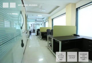 MP HOUSE, MUMBAI.
15 Cubicals
one
Managers
Cabin
Total Area :
375 Sq.ft
Area:
Admin &
account
dept
 