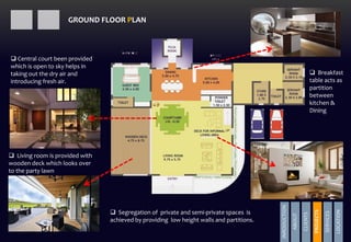 Living room is provided with
wooden deck which looks over
to the party lawn
 Central court been provided
which is open to sky helps in
taking out the dry air and
introducing fresh air.
 Segregation of private and semi-private spaces is
achieved by providing low height walls and partitions.
 Breakfast
table acts as
partition
between
kitchen &
Dining
GROUND FLOOR PLAN
INRODUCTION
ABOUT
CLIENTS
PROJECTS
SERVICES
LOCATION
PROJECTS
 