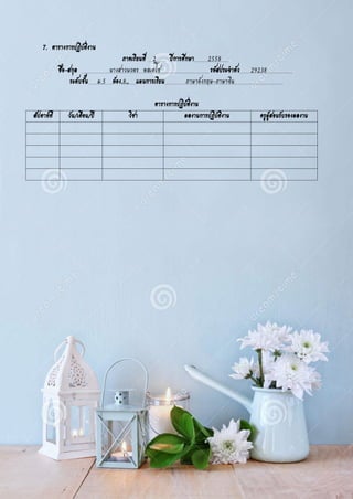 7. ตารางการปฏิบัติงาน
ภาคเรียนที่ 2 ปีการศึกษา 2558 .
ชื่อ-สกุล นางสาวนวพร พลเดโช รหัสประจาตัว 29238 .
ระดับชั้น ม.5 ห้อง.8.. แผนการเรียน ภาษาอังกฤษ-ภาษาจีน
ตารางการปฏิบัติงาน
สัปดาห์ที่ วัน/เดือน/ปี วิชา ผลงานการปฏิบัติงาน ครูผู้สอนรับรองผลงาน
 