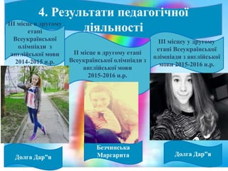 4. Результати педагогічної
діяльності
Долга Дар”я
III місце в другому
етапі
Всеукраїнської
олімпіади з
англійської мови
2014-2015 н.р.
Долга Дар”я
ІІІ місцеу у другому
етапі Всеукраїнської
олімпіади з англійської
мови 2015-2016 н.р.
ІІ місце в другому етапі
Всеукраїнської олімпіади з
англійської мови
2015-2016 н.р.
Безчинська
Маргарита
 