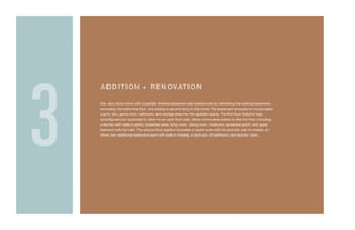 -
ADDITION + RENOVATION
One story brick home with a partially finished basement was transformed by refinishing the existing basement,
renovating the entire first floor, and adding a second story to the home. The basement renovations incorporated
a gym, den, game room, bathroom, and storage area into the updated space. The first floor footprint was
reconfigured and expanded to allow for an open floor plan. Many rooms were added on the first floor including
a kitchen with walk-in pantry, breakfast area, living room, dining room, mudroom, screened porch, and guest
bedroom with full bath. The second floor addition included a master suite with his-and-her walk-in closets, an
office, two additional bedrooms each with walk-in closets, a Jack and Jill bathroom, and laundry room.
3
 