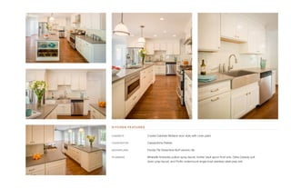 KITCHEN FEATURES
CABINETS	 Crystal Cabinets Midland door style with Linen paint
COUNTERTOP	 Caesarstone Pebble
BACKSPLASH	 Florida Tile Streamline Buff ceramic tile
PLUMBING	 Mirabelle Amberley pullout spray faucet, Kohler Vault apron front sink, Delta Cassidy pull-
down prep faucet, and Proflo undermount single bowl stainless steel prep sink
 