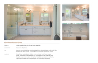 MASTER BATHROOM FEATURES
CABINETS	 Crystal Cabinets Acadia door style with Simply White paint
COUNTERTOP	 Caesarstone Misty Carrara
TILE	 Bathroom Floor  Shower Walls: Opulence Statuario Extra Polished porcelain, Shower Floor: Adex
Neri White Hex Mosaic ceramic, Accent: Jeffrey Court Breakwater II Mist Mosaic ceramic
PLUMBING	 Grohe Fairborn lavatory faucets, Mirabelle undermount sinks, Grohe Fairborn shower
fixtures, Hydrosystems Estee freestanding tub, Rubinet Raven tub filler, Kohler Adair toilet,
Kohler CL series medicine cabinet, Murray Feiss Infinity Collection beveled mirrors, Sterling
Glass custom frameless glass shower enclosure, and Grohe Fairborn accessories
 