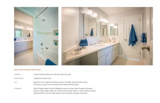 GIRLS BATHROOM FEATURES
CABINETS	 Crystal Cabinets Stirling door style with Light Grey paint
COUNTERTOP	 Caesarstone Ocean Foam
TILE	 Bathroom Floor: Tweed Pure White porcelain, Tub Walls: Adex Neri White Glossy
Flat ceramic, Accent: Sonoma Vihara Puka Iridescent Mosaic glass
PLUMBING	 Moen Kingsley lavatory faucets, Mirabelle undermount sinks, Moen Kingsley tub/shower
fixtures, Kohler Villager soaker tub, Kohler Cimarron toilet, Kohler CL series medicine cabinet,
Kentwood Mirrors chrome-silver beveled mirror, and Moen Kingsley accessories
 