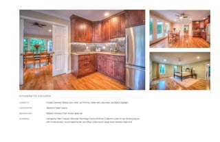 KITCHENETTE FEATURES
CABINETS	 Crystal Cabinets Stirling door style on Premium Alder with Java stain and Black highlight
COUNTERTOP	 Silestone Giallo Quarry
BACKSPLASH	 Maestro Mosaics Dark Amber glass tile
PLUMBING	 Hansgrohe Talis C faucet, Mountain Plumbing Francis Anthony Collection point-of-use drinking faucet
with contemporary round base/handle, and Elkay undermount single bowl stainless steel sink
 