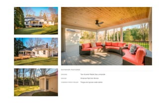 OUTDOOR FEATURES
DECKING	 Trex Accents Pebble Grey composite
RAILING	 American Rail Irwin Bronze
COVERED PORCH CEILING	 Tongue and groove cedar planks
 