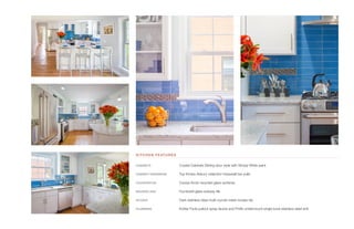 KITCHEN FEATURES
CABINETS	 Crystal Cabinets Stirling door style with Simply White paint
CABINET HARDWARE	 Top Knobs Asbury collection Hopewell bar pulls
COUNTERTOP	 Curava Arctic recycled glass surfaces
BACKSPLASH	 Humboldt glass subway tile
ACCENT	 Dark stainless steel multi rounds metal mosaic tile
PLUMBING	 Kohler Forte pullout spray faucet and Proflo undermount single bowl stainless steel sink
 