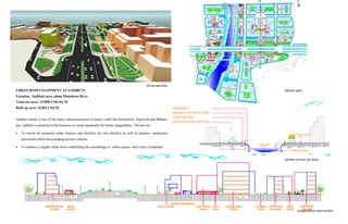 3D perspective
URBAN REDEVELOPMENT AT JADIBUTI
Location: Jadibuti area, along Manohara River
Total site area: 137890.1740 SQ M
Built up area: 32283.3 SQ M
Jadibuti chowk is one of the major interconnections of macro roads like Koteshwor, Pepsicola and Bhakta-
pur. Jadibuti is potential in the business to create landmarks for better imageability. The aim are
 To enrich the potential urban features and facilities for city dwellers as well as enhance pedestrian
movement whilst discouraging private vehicles
 To enhance a legible urban form establishing the assemblage of urban square and create a landmark
Longitudinal road section
Section of river set back
Master plan
 