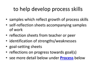 to help develop process skills
• samples which reflect growth of process skills
• self-reflection sheets accompanying samples
of work
• reflection sheets from teacher or peer
• identification of strengths/weaknesses
• goal-setting sheets
• reflections on progress towards goal(s)
• see more detail below under Process below
 
