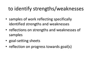to identify strengths/weaknesses
• samples of work reflecting specifically
identified strengths and weaknesses
• reflections on strengths and weaknesses of
samples
• goal-setting sheets
• reflection on progress towards goal(s)
 
