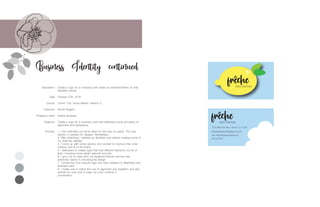 Description
Date
Course
Instructor
Programs Used
Objective
Process
Create a logo for a company and create an element/theme of unity
between pieces.
October 27th, 2016
Comm 130: Visual Media- Section 2
Nicole Nugent
Adobe Illustrator
Create a logo for a business card and letterhead using principles of
alignment and typography.
1. I first sketched out some ideas for the logo on paper. This was
helpful in creating my designs. frechelogos
2. After sketching, I opened up Illustrator and started creating some of
my sketches digitally.
3. I came up with some options, and worked to improve their color
scheme and fit to the brand.
4. I attempted to create logos that had different elements, but all of
them including some artistic element and text.
6. I got a lot of votes from my facebook friends and this was
extremely helpful in choosing the design.
7. I chose the most popular logo and then created my letterhead and
business card.
8. I made sure to follow the rule of alignment and repetition and also
worked for unity and to keep my color scheme in
coordination.
Business Identity continued
frechebaby blankets
frechebaby blankets
1234 Welcome Way, Heaven, ID 01234
frêchebabyblankets@gmail.com
visit: frêchebabyblankets.com
503.507.4675
 