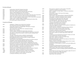 Einzelausstellungen
2003 		 Dresdner Bank, Frankfurt/M. (Katalog), Deutschland.
2005 		 Galerie Martina Detterer, Frankfurt/M., Deutschland.
2005 		 «Sacre Coeur», Galerie Alexandre Zellermayer, Berlin, Deutschland.
2005 		 «Detours», Galerie Frédérique Giroux, Paris, Frankreich.
2005 		 «Sittichfutter», Galerie Frédérique Giroux, Paris, Frankreich.
2008 		 «You can fuck my heart, but you can not pick my flower», -able Galerie, Berlin, Deutschland.
2009 		 «Surgite mortui venite ad Judicium», Galerie roZku, Mannheim, Deutschland.
2010 		 «Berlin > Paris 2030», Symposium, Utopien Dystopien, Institut francais, Berlin, Deutschland.
2014 		 «Arthof 7», Unterer Hardthof, Gießen, Deutschland.
2014 		 «WHITE CUBE — ein kleiner Vorschlag zur Weiterentwicklung der weissen Zelle»
	 bei Unlimited liability, Hamburg, Deutschland.
Gruppenausstellungen
2002 		 «Spielfiguren», Vordiplom an der Hochschule für Gestaltung,
	 Freie Gestaltung bei Heiner Blum, Offenbach, Deutschland.
2004 		 «Ghostscapes», organisiert von Philippe Rahm, Villa Savoye, Le Corbusier,
	 (Katalog), Ile de France, Frankreich.
2004 		 «Paris > Phnom Penh < Paris, Phnom Penh», Kambodscha (Katalog)
2004 		 Betonsalon, Paris, Frankreich.
2005 		 «Pirates vs. Ninjas», Kunsthalle Berlin Pankow, Berlin, Deutschland.
2005 		 «Der Tod steht ihr gut» kuratiert von Sabine Großwendt, Theater Erfurt, Deutschland.
2005 		 «Serendipity ou la productivité du hasard», Console und Galerie Frédérique Giroux,
	 Paris, Frankreich.
2005 		 «être dans», Atelier AIR von Jean-Luc Vilmouth in Zusammenarbeit
	 mit Nathalie Junod Ponsard im Institut Finlandais, Paris, Frankreich.
2006 		 Wohnungsgenossenschaft Carl Zeiss Eg, kuratiert von Sabine Großwendt,
	 Kunstdepartment, Jena, Deutschland.
2006 		 «Portes Ouvertes», Ecole nationale Supérieure des Beaux Arts de Paris, Frankreich.
2006 		 «INTERIM EX», Galerie Alexandre Zellermayer, Berlin, Deutschland.
2006 		 Projektion und Lesung, Staatsschauspiel Dresden in Zusammenarbeit
	 mit der deutsch-französischen Literaturzeitschrift LA MER GELEE, Deutschland.
2006 		 Präsentation und Lesung «La mer gelée» Galerie Jonas Reuber, Berlin, Deutschland.
2006 		 «Kleine Formate», (Winterschlaf), Galerie Martina Detterer, Frankfurt/M., Deutschland.
2007 		 «Die Araber? Die Westler? – Journalismus im interkulturellen Kontext»,
	 Diskussion und Ausstellung, Galerie des Goethe-Instituts, Kairo.
2007 		 «Portes Ouvertes», Ecole nationale Supérieure des Beaux Arts de Paris, Frankreich.
2007 		 «Re:Re:Re: Inter... elarénég», La Générale des Arts, Paris, Frankreich.
	 2008 		 «Kleine Formate», Galerie Martina Detterer, Frankfurt/M., Deutschland.
	 2008 		 «Parcours West», La Générale en Manufacture, Sèvres, France, Frankreich.
2008 		 «Poor services», organisiert von Sloan Leblanc und Arnika Müll,
	 La Générale en Manufacture, Sèvres, Frankreich.
2009 		 «Poor services II», organisiert von Sloan Leblanc & Arnika Müll,
	 La Générale en Manufacture, Sèvres, Frankreich.
2009 		 «WEST 4», organisiert von Sloan Leblanc, La Générale en Manufacture,
	 Sèvres, Frankreich.
2009 		 «ArtscouteOne», curator: Dr. Rolf Lauter, Altes Volksbad,
	 Mannheim, Deutschland.
2009 		 «Kleine Formate», Galerie Martina Detterer, Frankfurt/M, Deutschland.
2010 		 «How or When», La Générale en Manufacture, Sèvres, Frankreich.
2010 		 «Grenzgänger», La Générale en Manufacture, Sèvres, Frankreich.
2010 		 «My Favorite Song», Gallery Maison d’Art, Osaka, Japan.
2010 		 «Little Big Bang», Galerie Plateforme, Paris, Frankreich.
2010 		 «CHIC ART FAIR 2010», Gallery Maison d’Art, Paris, Frankreich.
2010 		 «Time in our head», organisiert von Eva Maria Raab,
			 La Générale en Manufacture, Sèvres, Frankreich.
2010 		 «IMPLODED», Open studio, Berlin, Deutschland.
2010 		 «Life & Love», organisiert von Michael Schmacke, gezeigt von Salonbruit e.V.,
	 Lichtblick Kino, Berlin, Deutschland.
2011 		 «Summer Summum», La Générale en Manufacture, Sèvres, Frankreich.
2011 		 «Giessener Ring», Neuer Kunstverein Giessen, Deutschland.
2011 		 «Poor Service 3», kuratiert von Arnika Müll und Sloan Leblanc,
	 La Générale en Manufacture, Sèvres, Frankreich.
2011 		 «Kleine Formate», Galerie Martina Detterer, Frankfurt/M, Deutschland.
2012 		 «Stock Option», kuratiert von Caroline Pradal, Galerie 22,48m2, Paris, 		
	Frankreich.
2012 		 «Introspection, die innere Wirklichkeit des Künstlers», kuratiert von Dr. Rolf 	
	 Lauter, artlabmannheim, Mannheim, Deutschland.
2012 		 «Stock Option - Chapitre 2», kuratiert von Caroline Pradal,
	 Galerie Jeune Creation, Paris, Frankreich.
2013 		 «The Naked and the Nude», kuratiert von Peter Weiermair, Galerie Martina 	
	 Detterer, Frankfurt/M, Deutschland.
2013 		 «Barbarie», kuratiert von Elisa Rigoulet, Barbara Siegel und Pierre Limpens,
	 La Générale en Manufacture, Sèvres, Frankreich.
2014 		 «Chroprobe #1», ArToll Kunstlabor e.V. kuratiert von Ria Gerth, Bedburg-Hau, 	
	Deutschland.	
2014 		 Kurzfilmfestival, «Stadtvisionale 2014 «Das Gesicht der Stadt»»,
	 evangelische Akademie Frankfurt, Frankfurt/M, Deutschland.
2014 		 «Kleine Formate», Galerie Martina Detterer, Frankfurt/M, Deutschland.
2015 		 «Occupied Emotions», kuratiert von Nathalie Vanheule, Broelmuseum, Kortrijk, 	
	Belgien.
2015 		 «An den Rändern der Zeichnung» kuratiert von Markus Lepper, KIZ, Kunst im 	
	 Zentrum, neuer Kunstverein, Gießen, Deutschland.
2015 		 «32. Kasseler Dokfest», Kassel, Deutschland.
2016		 «Blaue Stunde», Köln, Deutschland.
 