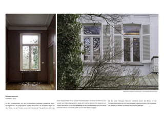 Refugees welcome
Installation, 2015
An der Fensterscheibe und am Fensterrahmen kollidieren spiegelnde Raub-
tiervogelsticker. Die abgezogenen weißen Rückseiten der Aufkleber liegen auf
dem Boden, vor dem Fenster und auf dem Fensterbrett. Für gewöhnlich sieht man
diese Vogelaufkleber oft an grossen Fensterfassaden, sie dienen als Warnung und
werden auch Warnvogel genannt. Jedes Jahr brechen sich nämlich tausende von
Vögeln das Genick, da sie die Spiegelung auf der Fensterscheibe nicht als solche
erkennen können und somit prallen sie mit voller Wucht dagegen.
Bildansichten der Ausstellung « Occupied Emotions », 2015, Broel Museum 8500 Kortrijk, Belgien
Bei der Arbeit “Refugees Welcome” kollidieren jedoch die Sticker mit der
Scheibe und schaffen es nicht nach draussen, ebenso scheitern die Rückseiten
der Sticker und bleiben im Inneren des Raumes gefangen.
 