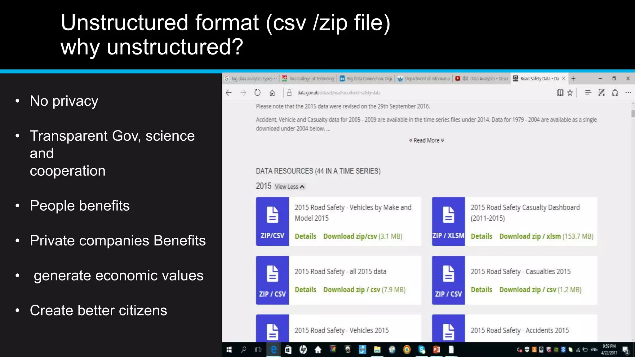 Unstructured format (csv /zip file)
why unstructured?
• No privacy
• Transparent Gov, science
and
cooperation
• People benefits
• Private companies Benefits
• generate economic values
• Create better citizens
 