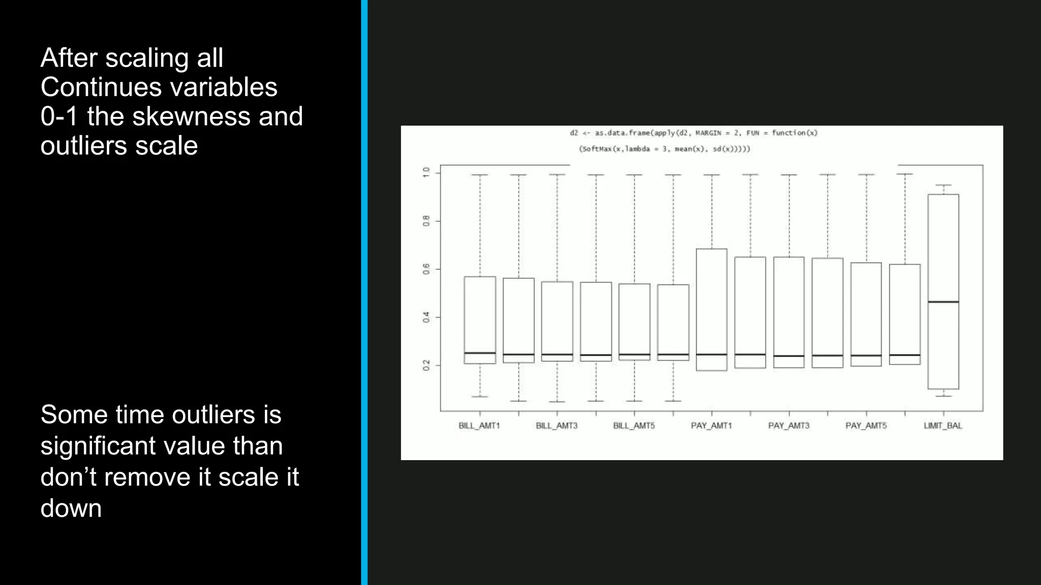 After scaling all
Continues variables
0-1 the skewness and
outliers scale
Some time outliers is
significant value than
don’t remove it scale it
down
 