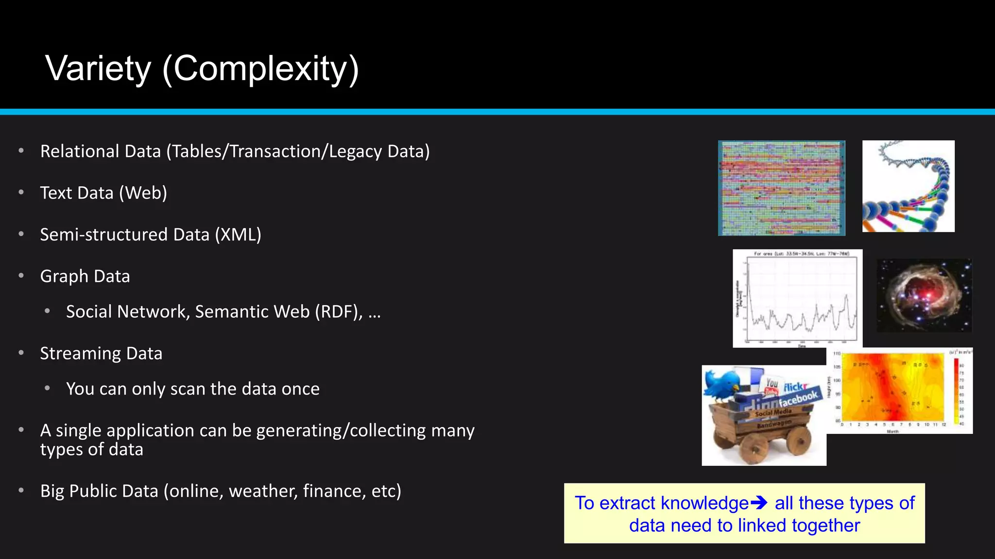 Variety (Complexity)
• Relational Data (Tables/Transaction/Legacy Data)
• Text Data (Web)
• Semi-structured Data (XML)
• Graph Data
• Social Network, Semantic Web (RDF), …
• Streaming Data
• You can only scan the data once
• A single application can be generating/collecting many
types of data
• Big Public Data (online, weather, finance, etc)
6
To extract knowledge all these types of
data need to linked together
 