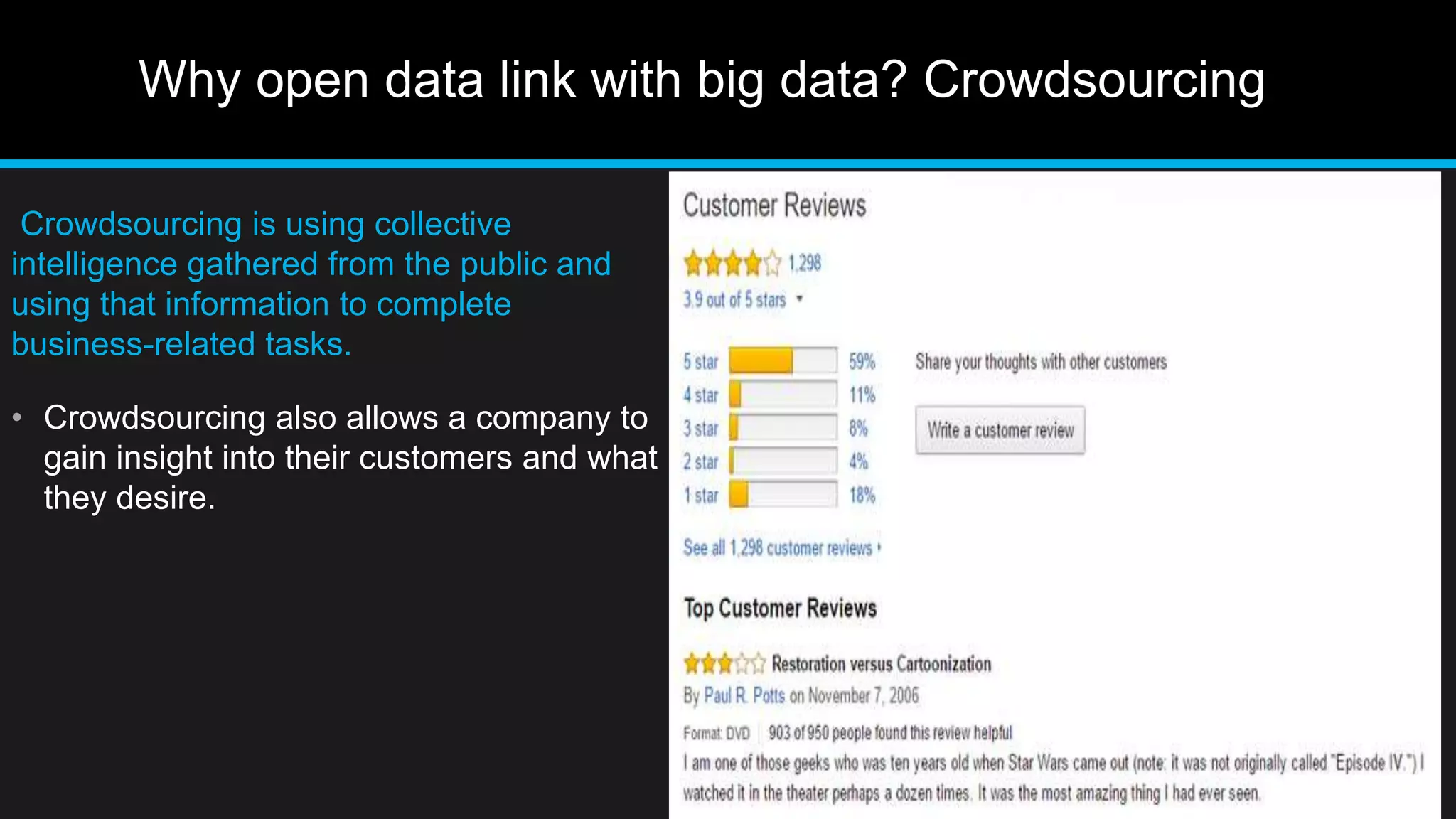 Why open data link with big data? Crowdsourcing
Crowdsourcing is using collective
intelligence gathered from the public and
using that information to complete
business-related tasks.
• Crowdsourcing also allows a company to
gain insight into their customers and what
they desire.
 
