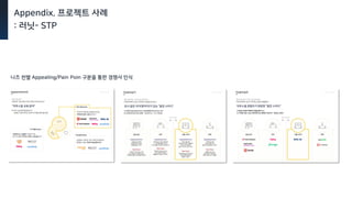 Appendix. 프로젝트 사례
: 러닛- STP
니즈 씬별 Appealing/Pain Poin 구분을 통한 경쟁사 인식
 