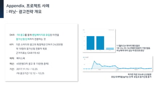 Appendix. 프로젝트 사례
: 러닛- 광고전략 개요
11월의 GA 데이터 확인결과
18~24, 25~34 연령의 방문이 가장 많음.
러닛에게 의미 있는 타겟으로 판단
하지만 적은 모수와 신규방문
유입 트래픽을 늘리는 단계: 유입 & 참가신청 증가
OKR: FB 광고를 통해 랜딩페이지로 유입된 타겟을
참가신청 단계까지 전환하는 것
KPI: 기존 스터디의 광고의 특정액션 CPA가 24,000원
약 18명의 참가신청 전환자 목표
근거지표는 GA와 FB AD
매체: 페이스북
예산: 45만원(3차 광고 후 15만원 증액)
기간: 2017.11.15 ~ 12.25
FB 광고기간 12.12 ~ 12.25
 