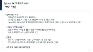 Appendix. 프로젝트 사례
: 러닛- Note
- 유사타겟과 이슈
맞춤타겟과 유사타겟은 분명 효율적이나
긴 호흡으로 봤을 때 타겟을 기존 관점 안에 가두는 결과를 초래함
 AARRR 초입 or 타겟 확장이 필요한 단계에서는 유사타겟과 일반타겟 병행이 보다 유의미할 수 있음
- 관심사 타겟층의 재발견
증명이 어려워 의미를 발견할 수 없을 거라 예상했던 관심사 타겟층
충분히 유의미한 sorting이 가능함을 발견
- 빈도수
빈도수 1.6 이상부터 광고 효율이 급격히 떨어지는 것을 확인
콘텐츠의 차이는 있겠으나 광고에 대한 빠른 향유/빠른 휘발성을 인지함
- 시즌 이슈 크리에이티브의 영향력
 