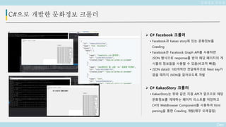 Deo
C#으로 개발한 문화정보 크롤러
 C# Facebook 크롤러
• Facebook과 Kakao story에 있는 문화정보를
Crawling
• Facebook은 Facebook Graph API를 사용하면
JSON 형식으로 response를 받아 해당 페이지의 게
시물의 정보들을 사용할 수 있음(비교적 빠름)
• JSON data는 100개씩만 전달해주므로 Next key가
없을 때까지 JSON을 읽어오도록 개발
 C# KakaoStory 크롤러
• KakaoStory는 위와 같은 지원 API가 없으므로 해당
문화정보를 게재하는 페이지 리스트를 저장하고
C#의 WebBrowser Component를 사용하여 html
parsing을 통한 Crawling 개발(매우 오래걸림)
문화정보 공유앱
 