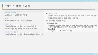 Deo
스마트 도어락 스위치
개발기간 / 개발인원
2016.04 ~ 2016.04 / 1명
분야
Web application, Android app
나의 역할
Nodejs(+socket.io), Java(android),
Javascript(+jQuery)를 이용하여 개발
개발언어 / 개발환경
Nodejs(+socket.io), Javascript(+jQuery)
스마트 도어락 스위치
프로젝트 소개
• 건망증에 대하여 보완해주며, 바쁜 일상의 시작을 빠르게 체크할 수 있으며 바쁜 아침시
간을 효과적으로 사용할 수 있도록 해주는 시스템 개발
개발한 내용 및 사용 기술
• Android App
- socket.io를 사용하여 서버와 연결할 수 있도록 구현하였으며, 사용자가 도어락 스위치
를 사용했을 때(출근, 등교) 자주 까먹는 리스트를 보여주어 잊지 않도록 도와 줌
• Back-End
- Nodejs와 socket.io를 사용하여 서버 개발
 
