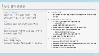 Deo
영상 창작 플랫폼
개발기간 / 개발인원
2015.06 ~ 2015.08 / 8명 – 1차
2015.10 ~ 2015.11 / 3명 – 2차
분야
Android app, Java GUI app, Web
나의 역할
Java Swing을 이용한 GUI app 개발 및
Android app 개발
개발언어 / 개발환경
Java, PHP, SQL/
Android Studio, Notepad++, Eclipse
 프로젝트 소개
• 한국전자통신 연구원의 융합기술연구소의 연구연수생으로 2달 동안 개발한
프로젝트
 개발한 내용 및 사용 기술(1차)
• Java의 Swing을 이용하여 프로그램의 UI를 구현
- GridBagLayout을 사용
• JDBC를 이용한 회원가입 및 로그인 구현
• JAXB를 사용하여 작업내용을 XML로 저장 및 불러오기 구현
• 영상을 저장 및 불러오기 위한 Data format 설계
- 영상의 제작단위를 Scene과 Shot으로 구별
- Java의 ArrayList를 이용하여 Data format 설계
• Java의 Swing을 이용하여 프로그램의 UI를 구현
• Vlcj를 이용한 자체 영상 플레이어 제작
 개발한 내용 및 사용 기술(2차)
• Websocket을 이용한 실시간 통신 기술 구현
• Android의 STT를 이용한 음성인식과 Websocket을 이용한 실시간 통신 개발
• FFMPEG을 이용한 영상편집기능 구현
• Github와 SourceTree를 이용한 버전관리
영상 창작 플랫폼
 