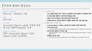 Deo
인제대 웹센터 현장실습
개발기간 / 개발인원
2015.12 ~ 2016.01 / 3명
분야
Web site
나의 역할
Javscript(+jQuery), php를 이용한 다양
한 모듈 개발과 Database 설계
개발언어 / 개발환경
PHP, Javascript(+jQuery), SQL/
Aptana studio, HeidiSQL
인제대학교 웹센터
 프로젝트 소개
• 15년 9월에 창립된 학교 기업으로 인제대학교 학과 홈페이지 재개발과 학생
의 실무능력을 경험하기 위한 동계 현장실습 진행
• 2명의 디자인 학부생과 1명의 컴퓨터공학 학부생 참여
• 반응형 웹사이트 개발 및 홈페이지 템플릿 제작을 위한 각종 모듈 개발
 개발한 내용 및 사용 기술
• Javscript(+jQuery), HTML5, CSS3와 DB, PHP를 이용한 개발 진행
• 이미지 편집 모듈
- 오픈소스 Croppic을 사용하여 사용자가 원하는 좌표를 중심으로 이미지를 자르는 모듈 개발
• 접속자 통계, 설문조사 게시판 모듈
- Naver에서 제공하는 오픈소스 Nwagon.js를 이용하여 Database에 저장된 설문조사, 접속 통
계를 시각화
• 일정관리 게시판 모듈
- Javascript(+jQuery), Ajax, SQL를 이용하여 1년의 일정을 등록, 수정 가능한 게시판 개발
 