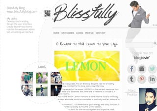 My tasks:
Develop the branding
Design the user interface
Create WordPress theme
Handle the websever admin
Set a multilingual interface
Blissfully Blog
www.blissfullyblog.com
 