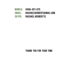 mobile: 0468-457-675
Email: rachaelherbert@mail.com
Skype: rachael.herbert12
thank you for your time
 