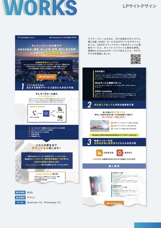 ワイヤーフレームを元に、中小企業向けのシステム
導入支援（AWS）サービスのLPサイトをデザインし
ました。AWSのブランドカラーであるオレンジと濃
紺をベースに、ポイントハイライトに黄色を使用。
視覚的にAmazonのサービスであることと、わかり
やすさを意識しました。
LPサイトデザイン
制作時間 約3日
デザイン
Illustrator CC、Photoshop CC
ツール
担当領域
 