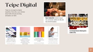 Teipe es una agencia digital
española. Para ella y sus clientes
desarrollé artículos de blog
alineados con SEO.
Teipe Digital
 