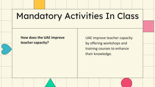 Mandatory Activities In Class
UAE improve teacher capacity
by offering workshops and
training courses to enhance
their knowledge.
How does the UAE improve
teacher capacity?
 