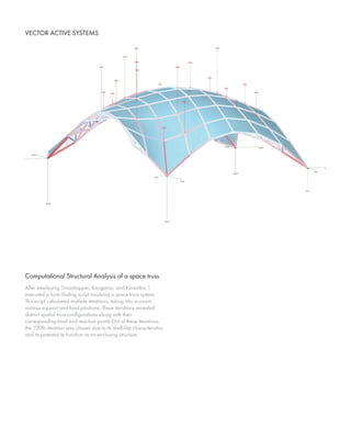 VECTOR ACTIVE SYSTEMS
After employing Grasshopper, Kangaroo, and Karamba, I
executed a form-finding script involving a space truss system.
This script calculated multiple iterations, taking into account
various support and load positions. These iterations revealed
distinct spatial truss configurations along with their
corresponding load and reaction points.Out of these iterations,
the 100th iteration was chosen due to its shell-like characteristics
and its potential to function as an enclosing structure.
Computational Structural Analysis of a space truss
 