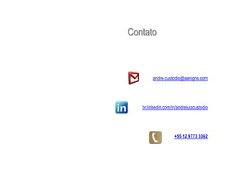 Contato



        andre.custodio@aanigris.com




   br.linkedin.com/in/andreluizcustodio




                    +55 12 9773 3362
 