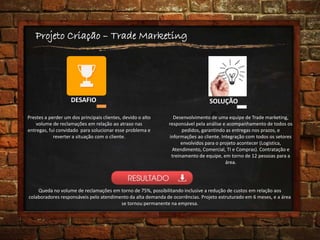 Projeto Criação – Trade Marketing
SOLUÇÃODESAFIO
Prestes a perder um dos principais clientes, devido o alto
volume de reclamações em relação ao atraso nas
entregas, fui convidado para solucionar esse problema e
reverter a situação com o cliente.
Desenvolvimento de uma equipe de Trade marketing,
responsável pela análise e acompanhamento de todos os
pedidos, garantindo as entregas nos prazos, e
informações ao cliente. Integração com todos os setores
envolvidos para o projeto acontecer (Logistica,
Atendimento, Comercial, TI e Compras). Contratação e
treinamento de equipe, em torno de 12 pessoas para a
área.
Queda no volume de reclamações em torno de 75%, possibilitando inclusive a redução de custos em relação aos
colaboradores responsáveis pelo atendimento da alta demanda de ocorrências. Projeto estruturado em 6 meses, e a área
se tornou permanente na empresa.
 
