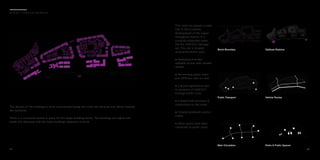 The density of the buildings is most concentrated along the creek and because less dense towards
the mainland.
There is a courtyard system in place for the larger building blocks. The buildings are higher and
shade the alleyways and the lower buildings adjascent to them
27
u r b a n r e d e v e l o p m e n t
The creek has played a major
role in the economic
development of the region
throughout history. It is
currently protected under
the the UNESCO Heritage
act. The site is located
around the buffer zone.
• Pedestrian friendly:
walkable access with shaded
streets.
• Pre-existing public trans-
port (RTA bus stps on site).
• Cultural significance due
to presence of UNESCO
heritage buffer zone.
• Created main accesses &
connections to the creek.
• Created landmarks and/or
nodes.
• Dead spaces have been
converted to public parks.
Block Boundary Sailboat Stations
Public Transport Vehicle Routes
Main Circulation Parks & Public Spaces
2 8
 