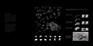 The concept is
integrates the 3
major facets of the performance
art music, dance & theatre.
My approahc aims at creating
a transparency to the building
that allows onlookers insight
into the activity & energy pres-
ent within.
The concert hall, the auditoria
& the studios are essentially 3
seperate buildings that are
connected by the organic
circulation. The concert hall is
further emphasized by the the
height, shape and variation in
its roof structure.
5 4 5 5
 
